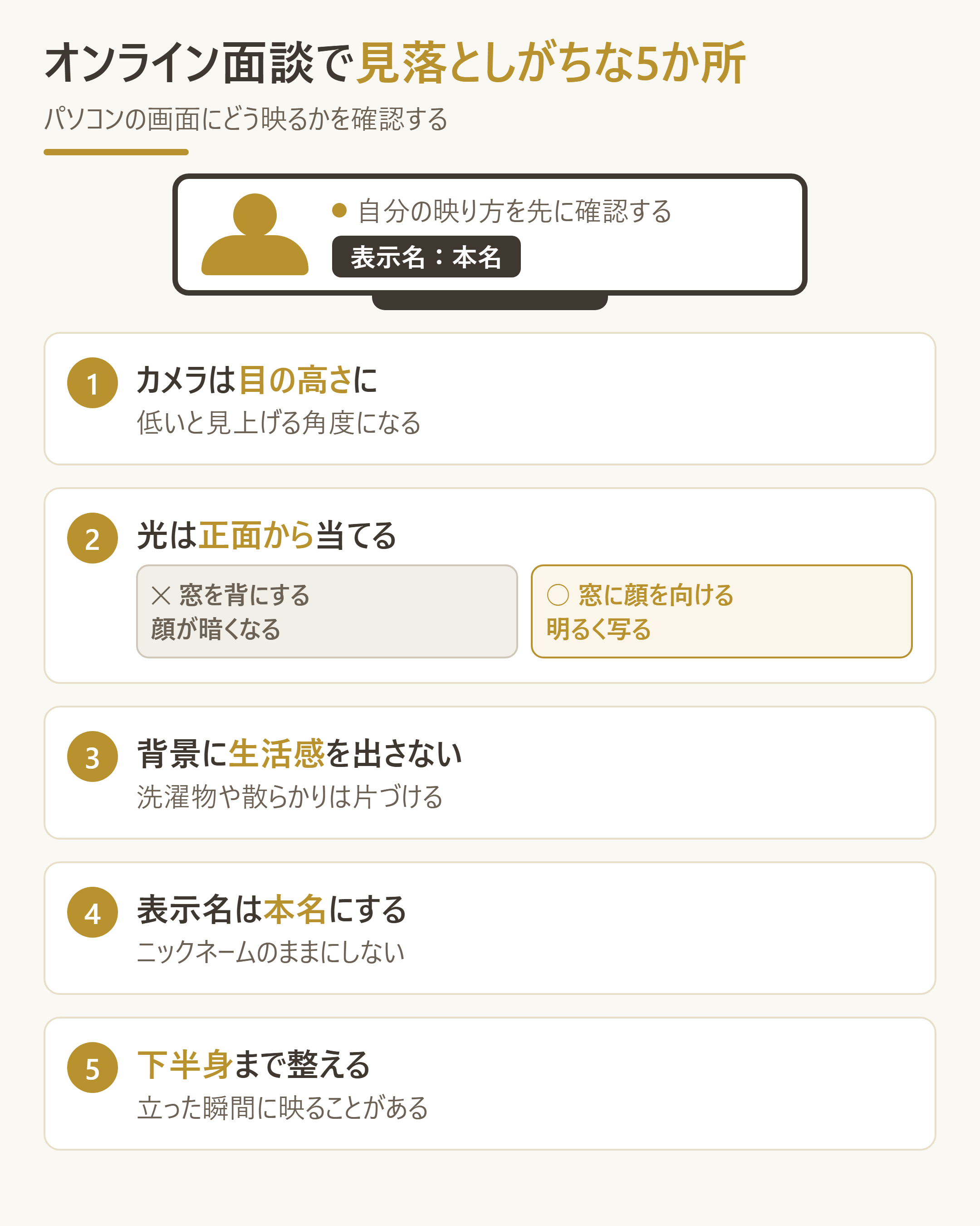 オンライン面談で見落とされがちな5つのチェック箇所を、画面の見え方として示す